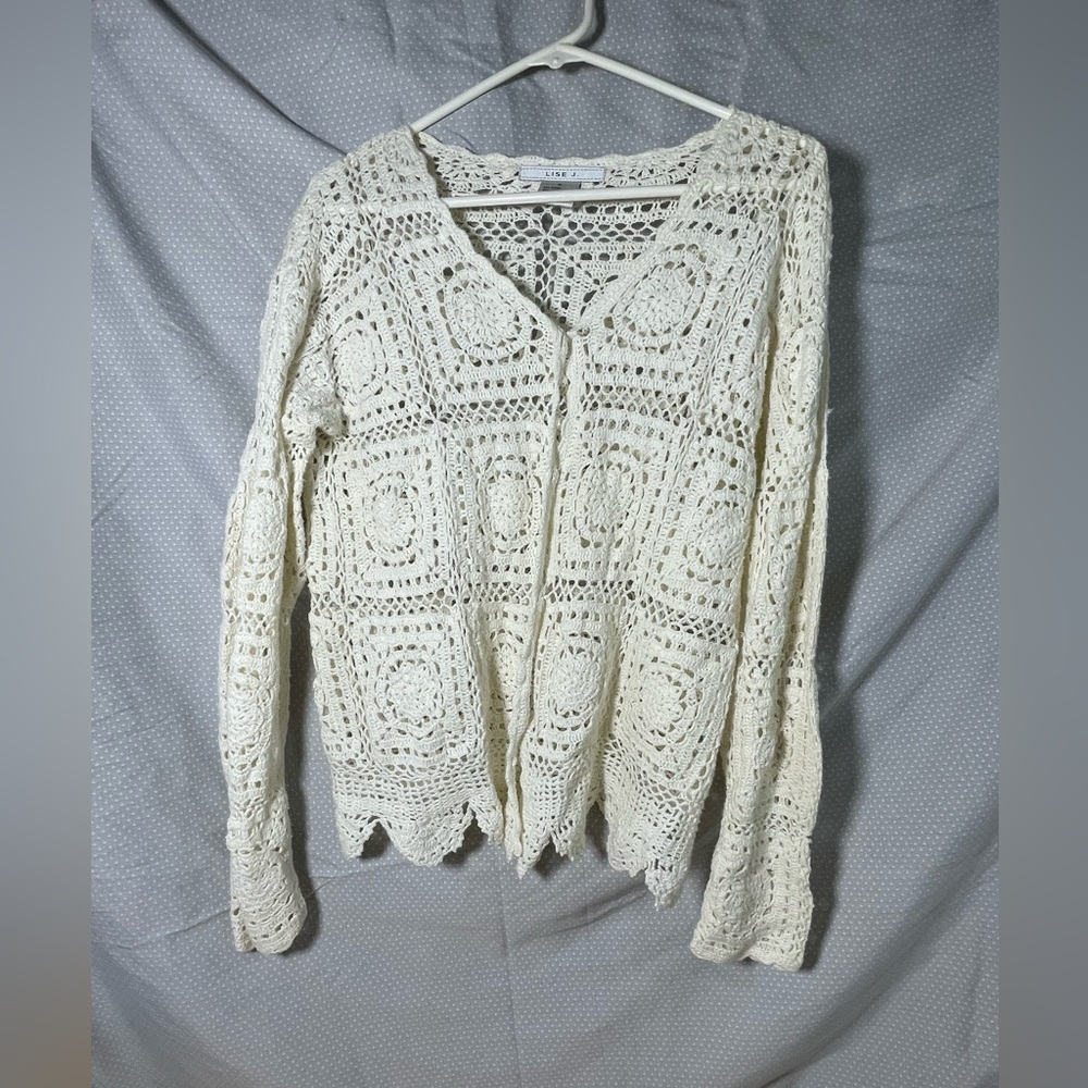 Vintage Lise J. Elegant Cream Colored Crochet Cardigan Sweater